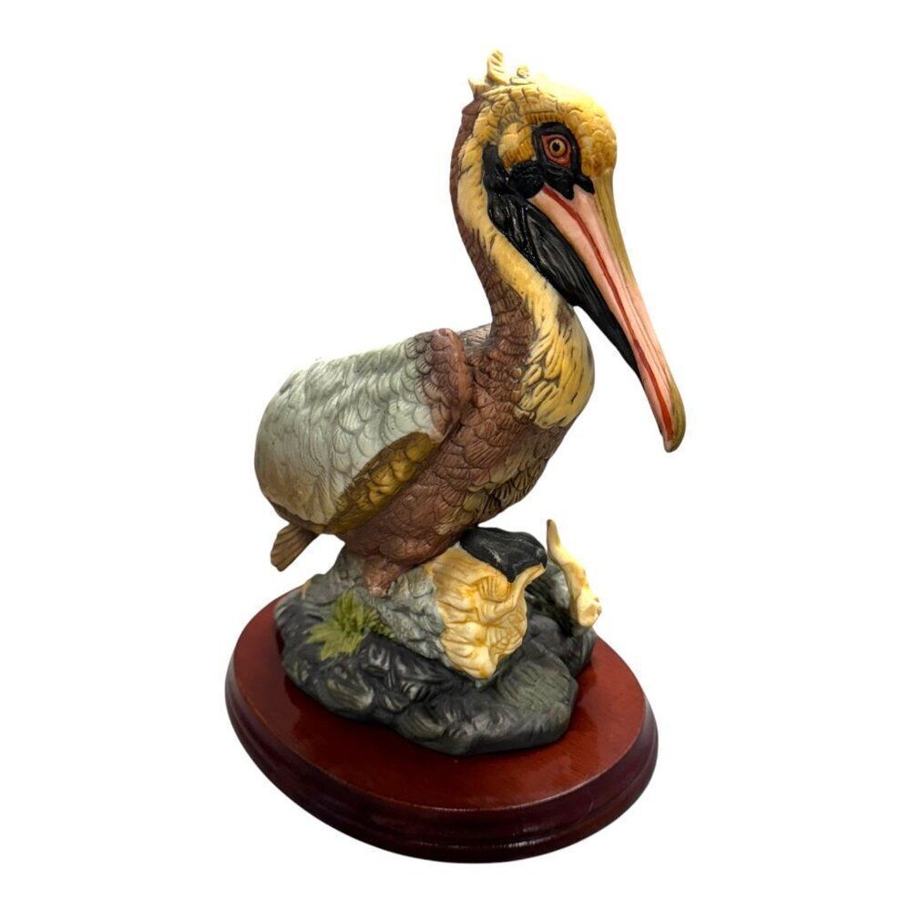 Royal Crown Ceramic Pelican Figurine On Wood Base  9" Desk Paperweight Large